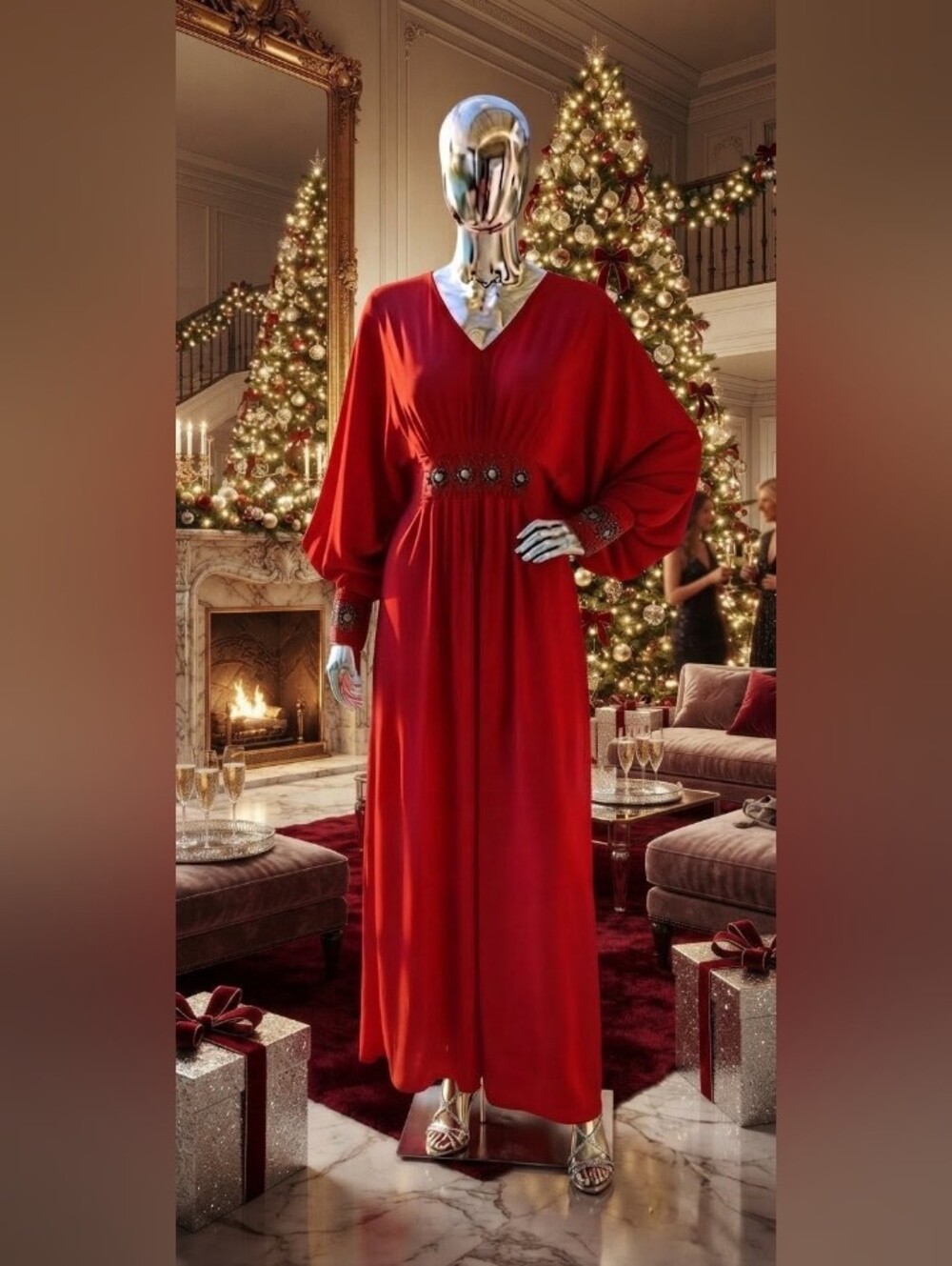 Vintage Red V-Neck Maxi Dress with Embellished Waist